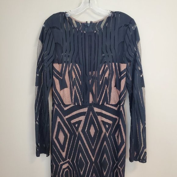 BCBGMAXAZIRA VEIRA DRESS geometric Illusion Boho Maxi Dress Sz 10 black/Nude - Picture 10 of 12